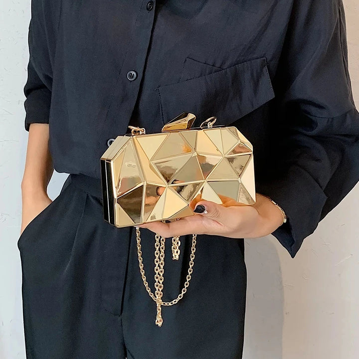Aurora Gold Box Clutch – Geometric Mini Purse for Evening Glam