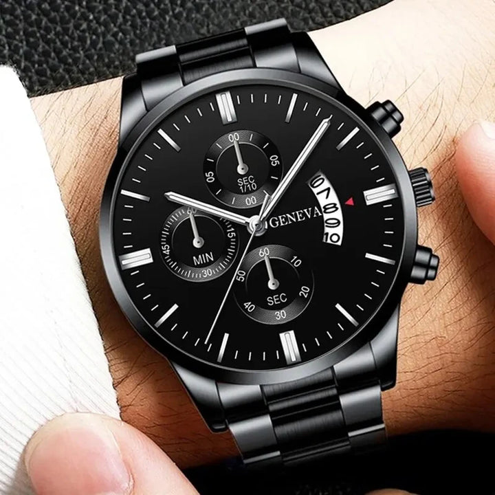 Luxury Men’s Watch – Black Stainless Steel Quartz Calendar Clock