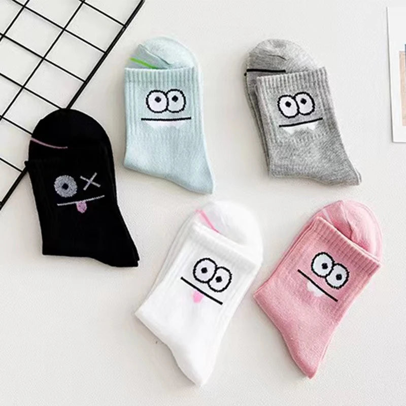 5 Pairs Cute Expression Print Socks, Comfy & Funny All-match Mid Tube Socks, Women's Stockings & Hosiery