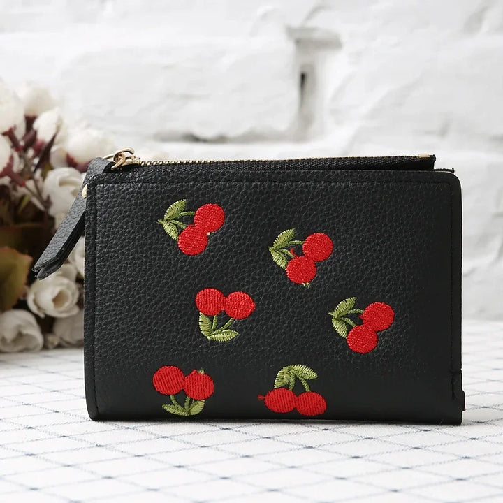 Cherry Blossom Clutch Wallet – Floral Embroidered PU with Buckle Design