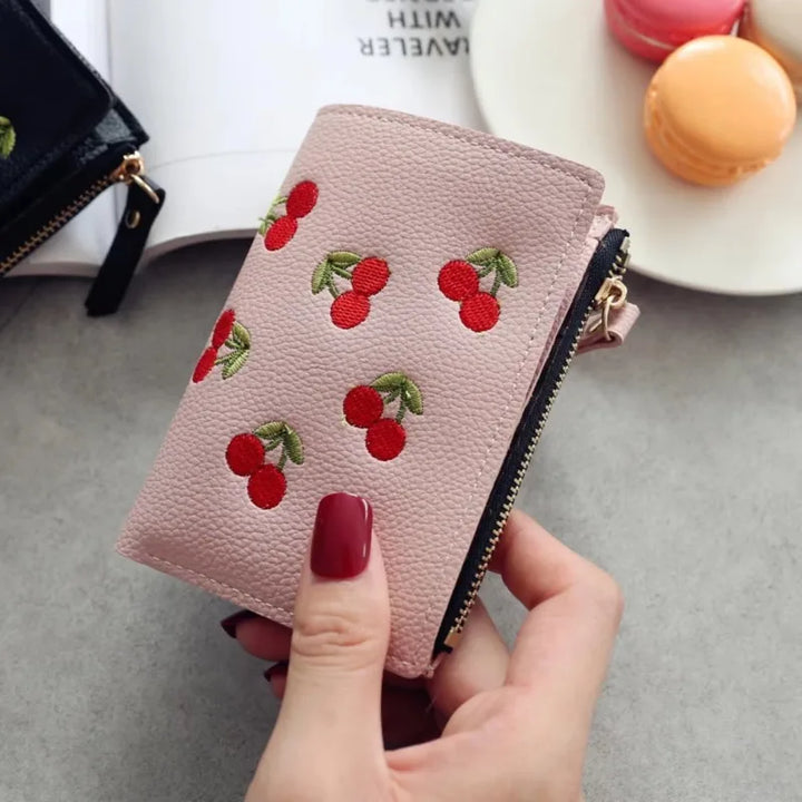Cherry Blossom Clutch Wallet – Floral Embroidered PU with Buckle Design