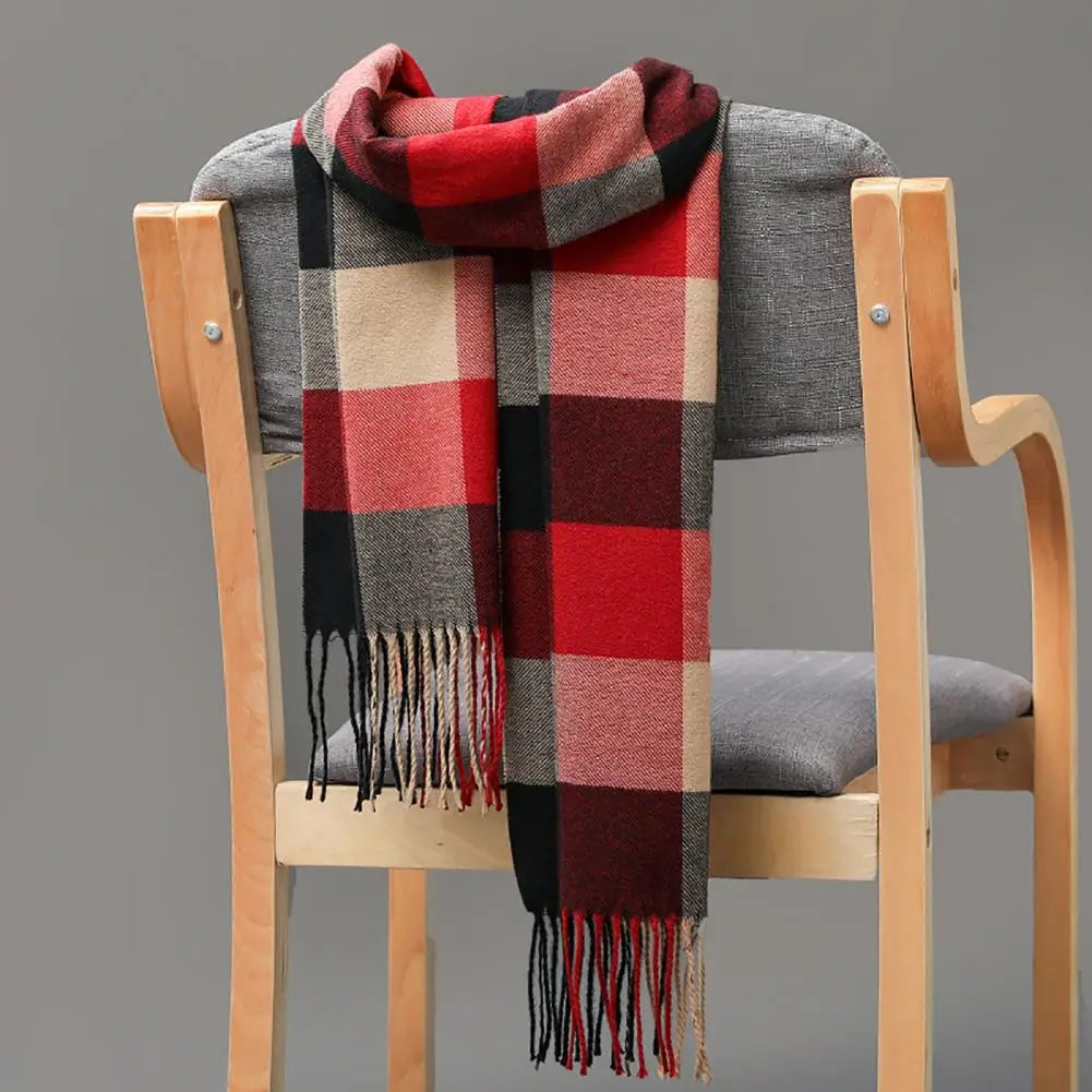 Long Tassel Scarf – Faux Cashmere Plaid Wrap for Men & Women