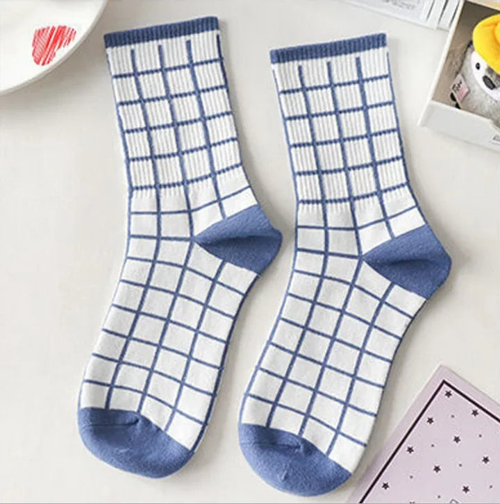 Women's Socks Warm Socks In Autumn and Winter Blue Socks Students High-top Striped Checkered Sports Stockings