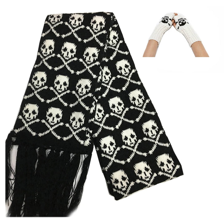 Skull Pattern Scarf – Unisex Knitted Wrap with Skeleton Design