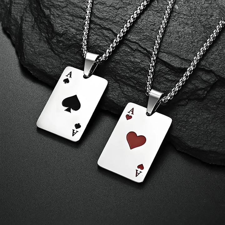 . Poker Ace Card Necklace – Spades & Hearts Hip Hop Chain for Men