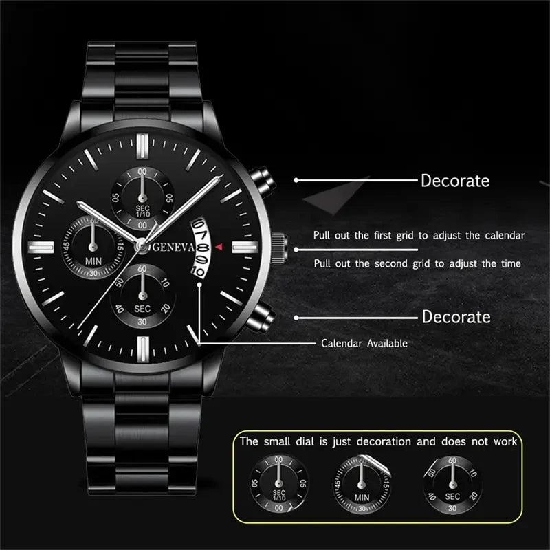 Luxury Men’s Watch – Black Stainless Steel Quartz Calendar Clock