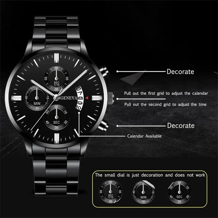 Luxury Men’s Watch – Black Stainless Steel Quartz Calendar Clock