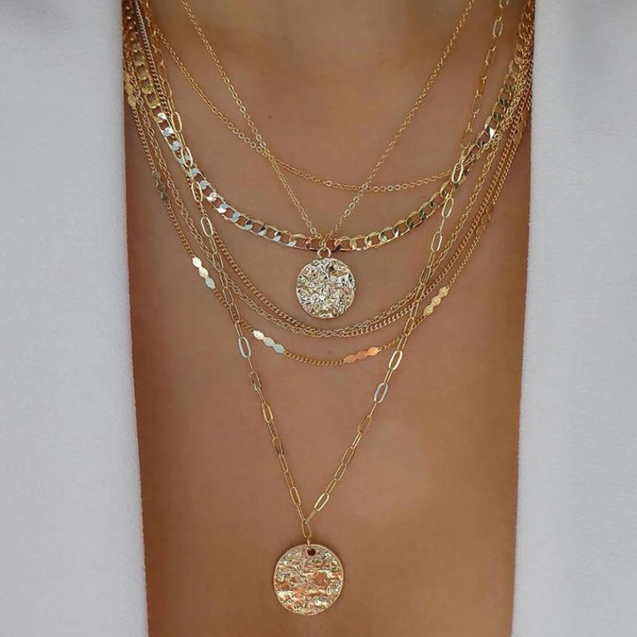 Gold Pendant Necklace Set – Trendy Boho Multi-Layer Crystal Jewelry for Women