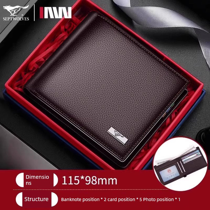 SEPTWOLVES Men Genuine Leather Genuine Goods Short One-Piece Wallet