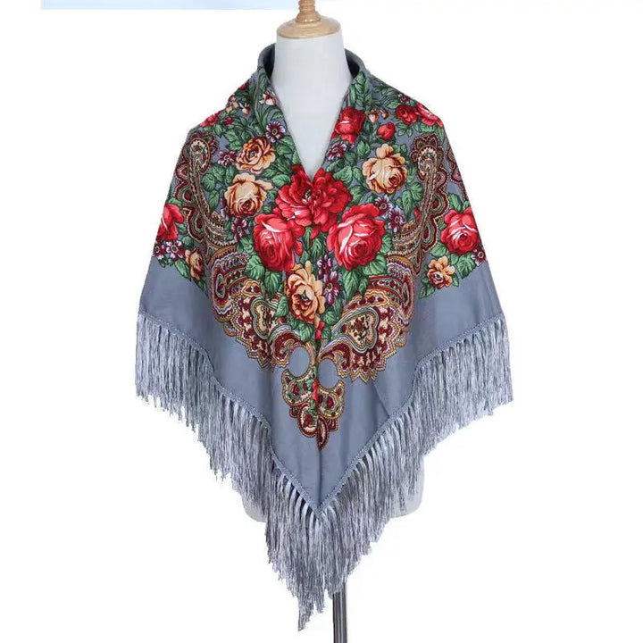 Russian Floral Head Wrap – Fringed Square Travel Shawl for Women