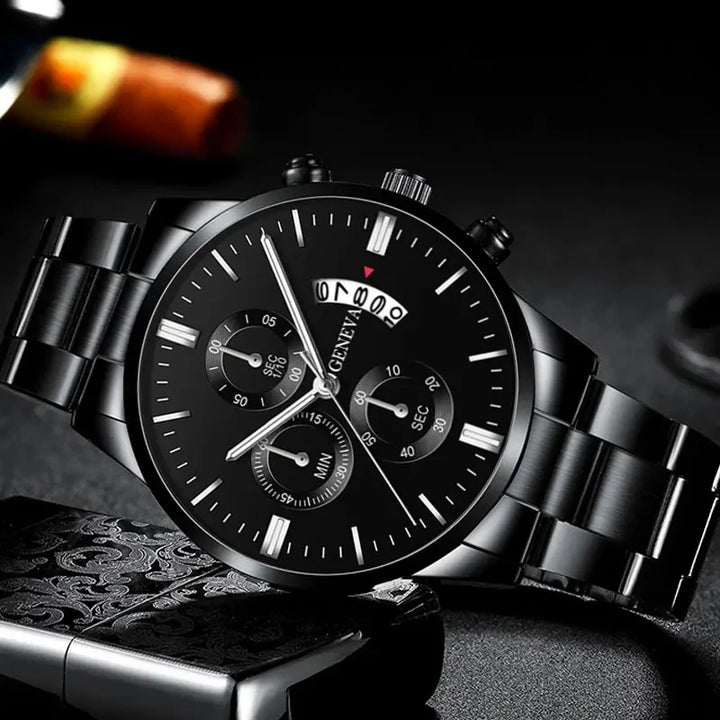 Luxury Men’s Watch – Black Stainless Steel Quartz Calendar Clock