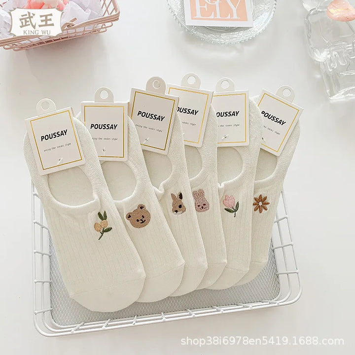 Socks Set 10 Pairs Toe Socks Women's Cotton Ankle Stockings Summer Breathable Versatile White Socks Cute Cartoon Pattern