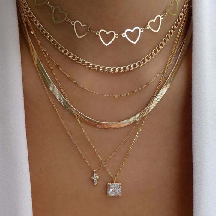 Gold Pendant Necklace Set – Trendy Boho Multi-Layer Crystal Jewelry for Women