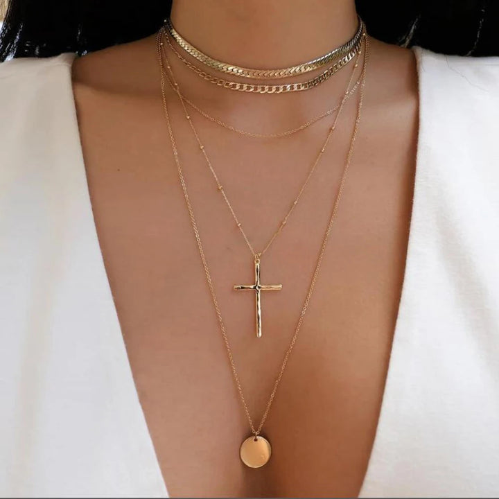 Gold Pendant Necklace Set – Trendy Boho Multi-Layer Crystal Jewelry for Women