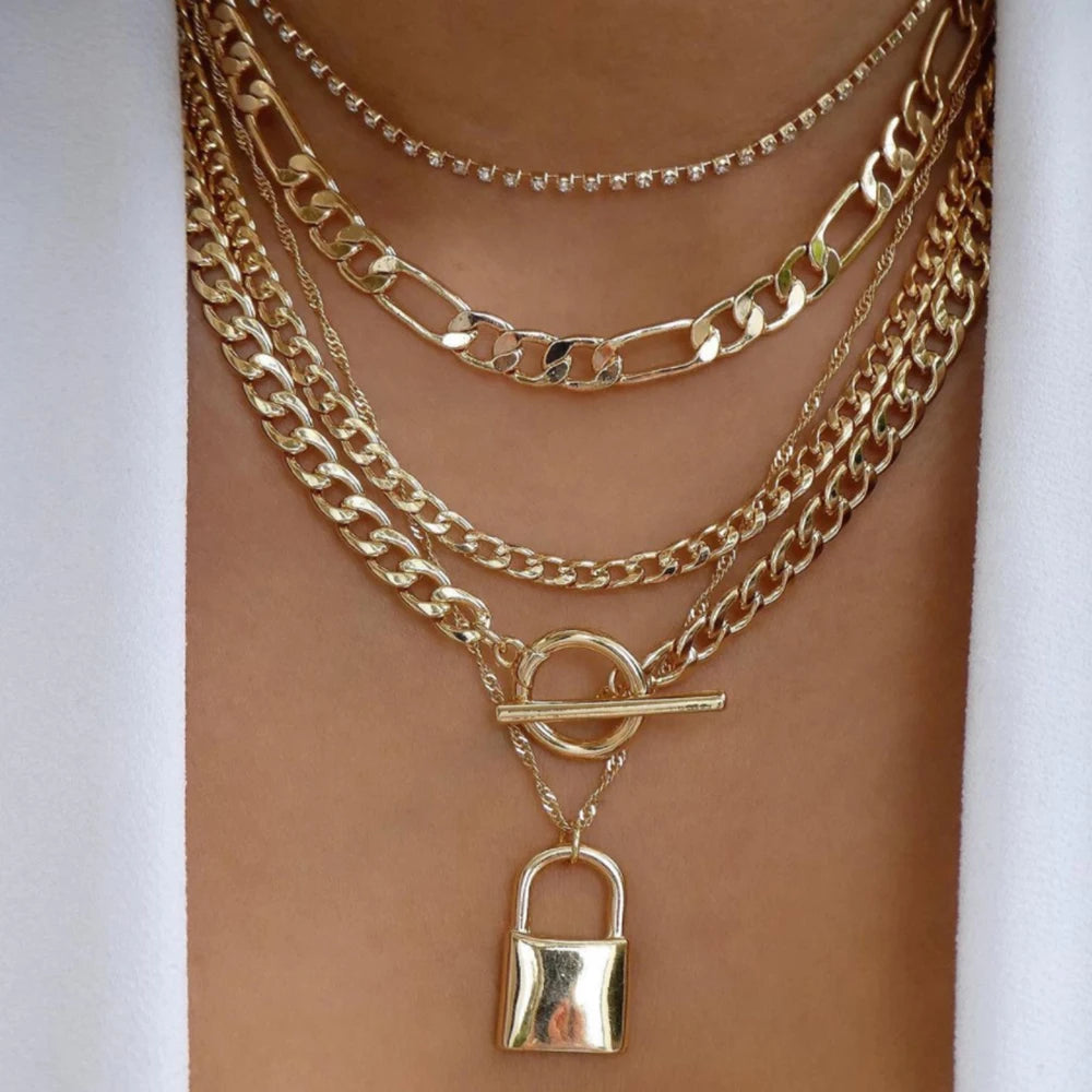 Gold Pendant Necklace Set – Trendy Boho Multi-Layer Crystal Jewelry for Women