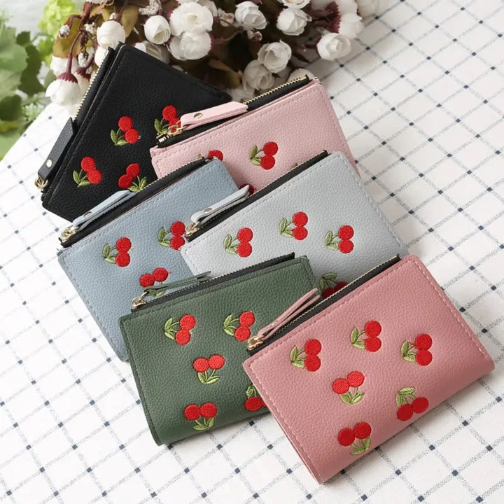 Cherry Blossom Clutch Wallet – Floral Embroidered PU with Buckle Design