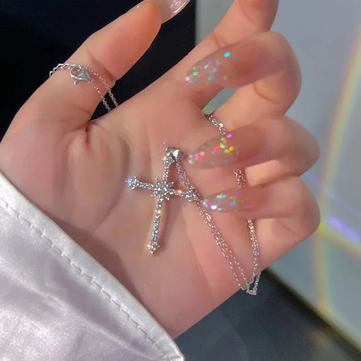 2023 Y2K Pearl Cross Pendant Necklace Hip Hop Retro Women Religious Zircon Chain Necklaces Girls Punk Party Trendy Jewelry Gifts