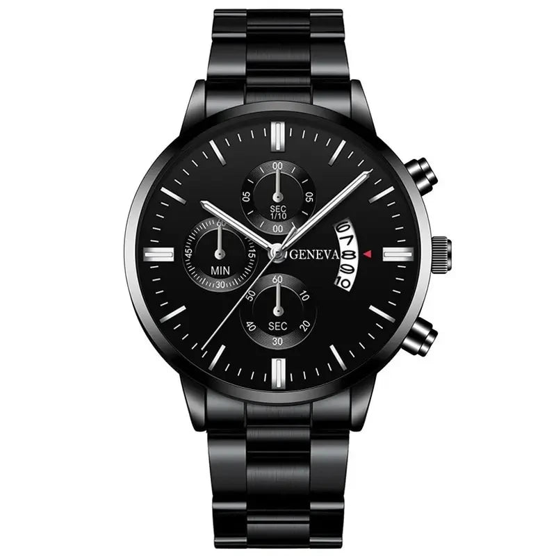 Luxury Men’s Watch – Black Stainless Steel Quartz Calendar Clock