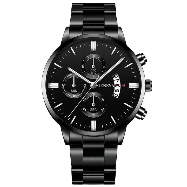 Luxury Men’s Watch – Black Stainless Steel Quartz Calendar Clock