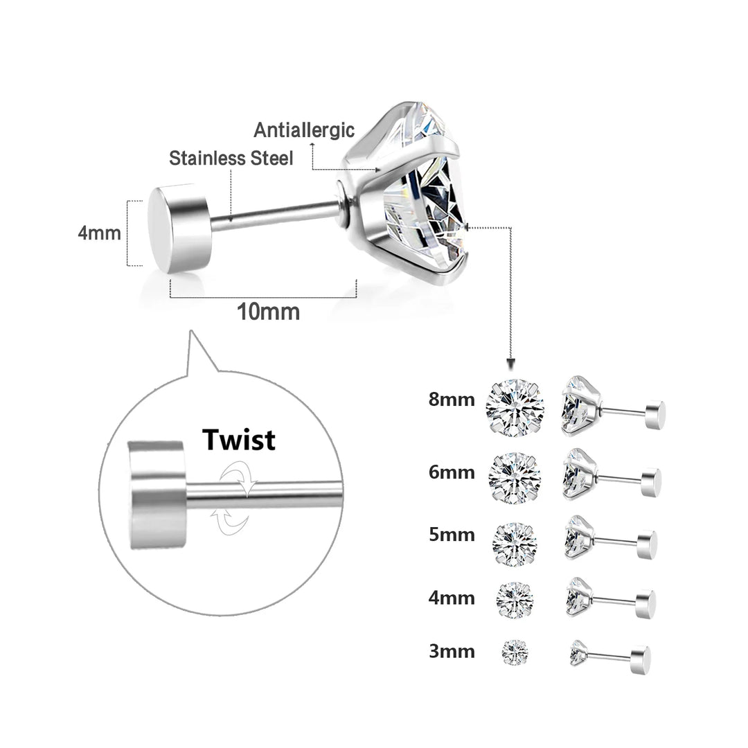 LUXUSTEEL 1 Pairs Shiny Crystal Zircon Stud Earrings For Women Men Round Beads Screw Back Needle CZ Ear Stainless steel 3-8mm