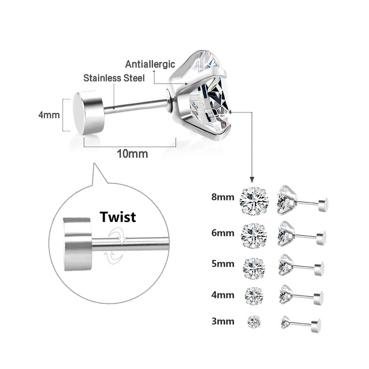 LUXUSTEEL 1 Pairs Shiny Crystal Zircon Stud Earrings For Women Men Round Beads Screw Back Needle CZ Ear Stainless steel 3-8mm