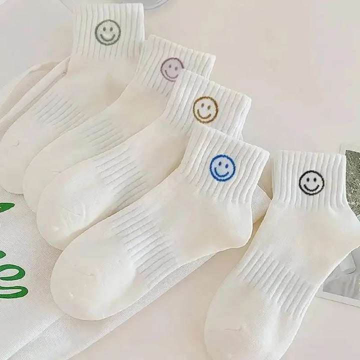 5 Pairs of Whimsical Cartoon Face Print Short Socks - Soft, Breathable, and Comfortable Polyester Knit Fabric