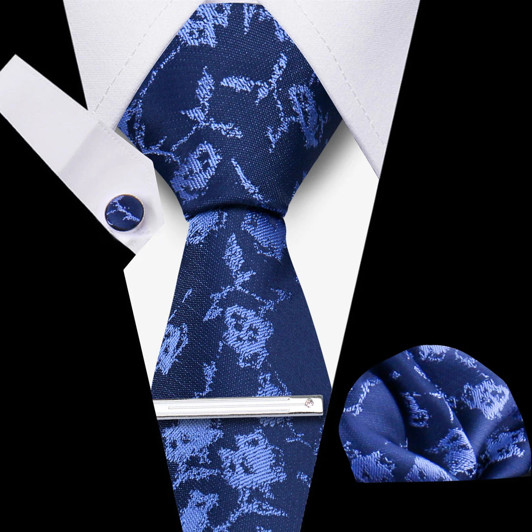 Tie For Men Business Luxury Fashion Necktie Navy Blue 4pcs Set Tie Clip Cufflinks Pocket Square Wedding Suit Accessories Gravata