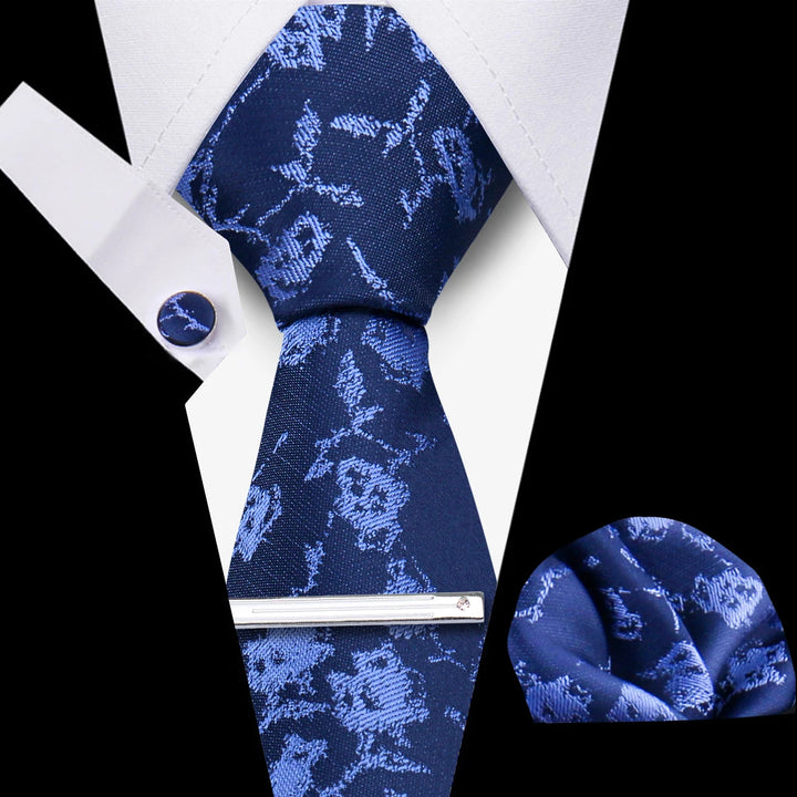 Tie For Men Business Luxury Fashion Necktie Navy Blue 4pcs Set Tie Clip Cufflinks Pocket Square Wedding Suit Accessories Gravata
