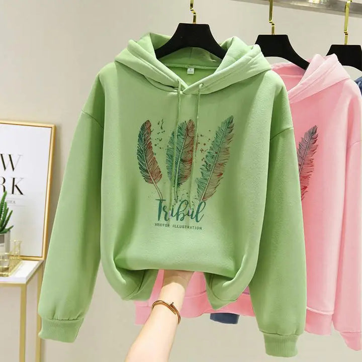 Feather Print Velvet Hoodie for Women