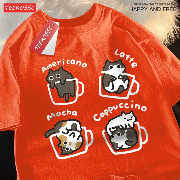 Mocha Cat Coffee Tee – Cute Summer Cotton Unisex Shirt