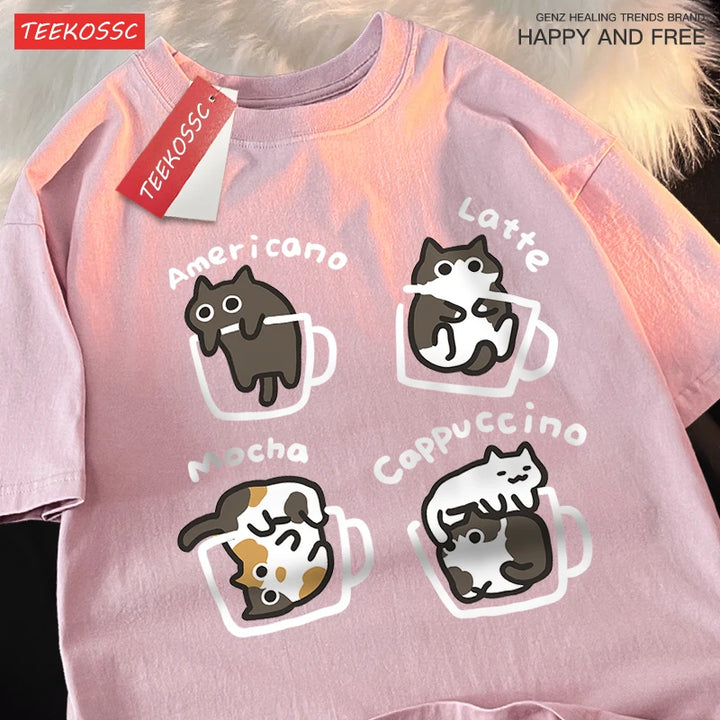 Mocha Cat Coffee Tee – Cute Summer Cotton Unisex Shirt