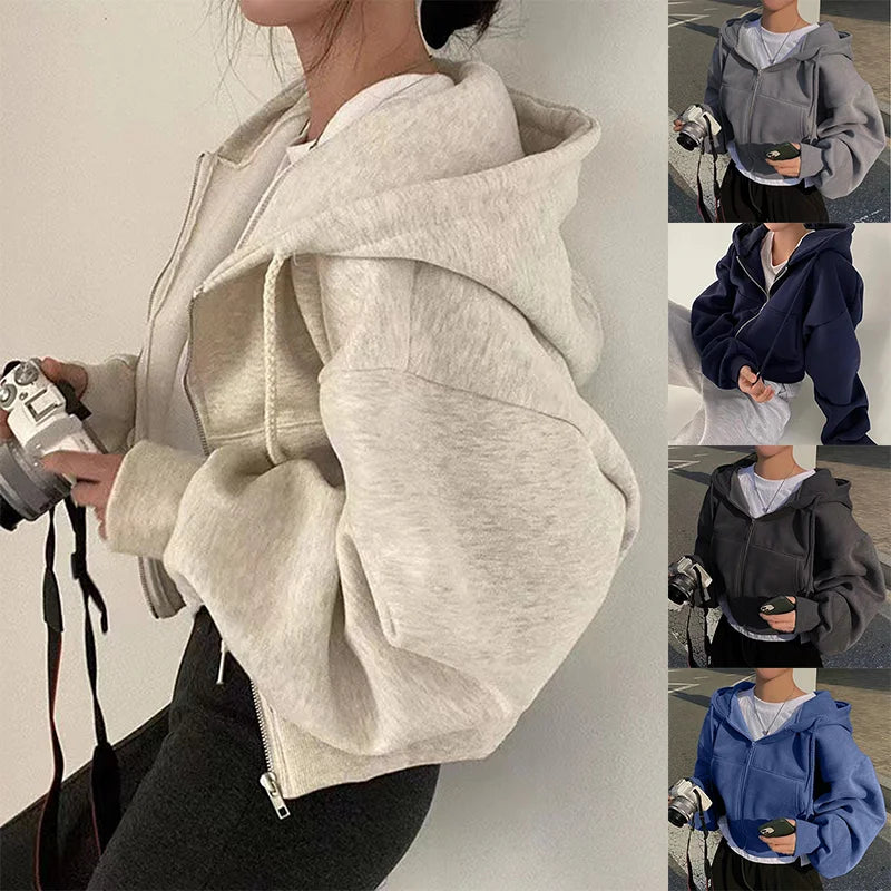 Cropped Fleece Zip-Up Hoodie