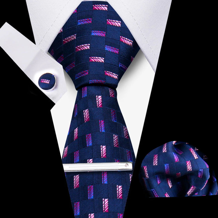 Tie For Men Business Luxury Fashion Necktie Navy Blue 4pcs Set Tie Clip Cufflinks Pocket Square Wedding Suit Accessories Gravata