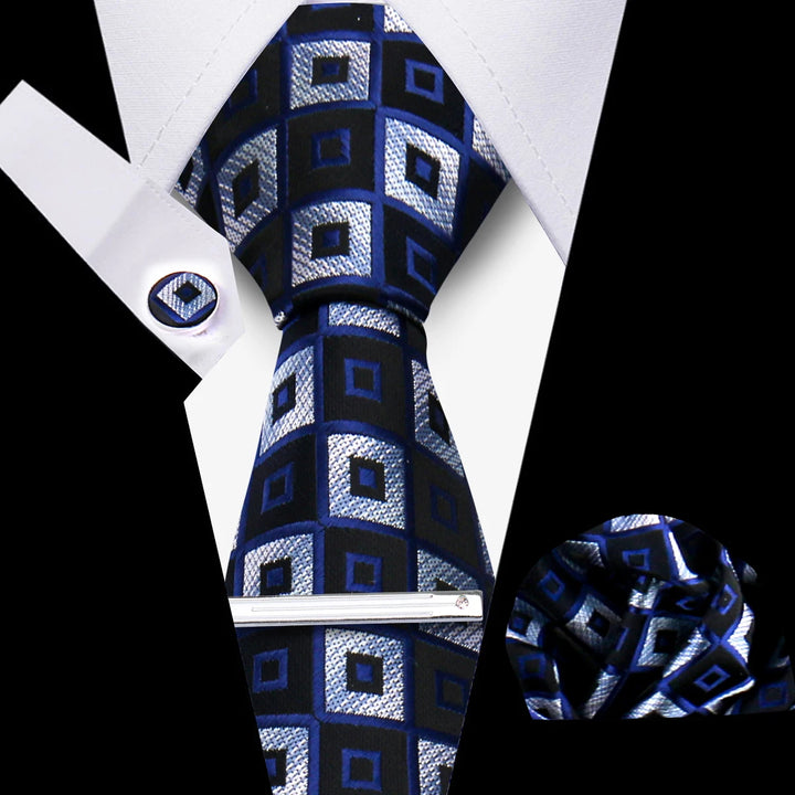Tie For Men Business Luxury Fashion Necktie Navy Blue 4pcs Set Tie Clip Cufflinks Pocket Square Wedding Suit Accessories Gravata