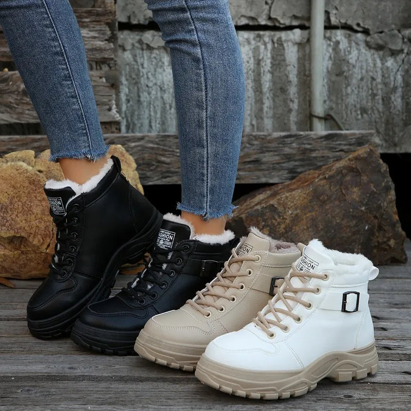 European Women's 2024 Autumn/Winter New Fashionable Lace-Up Ankle Boots with Thick Sole and Side Zipper in Classic British Style