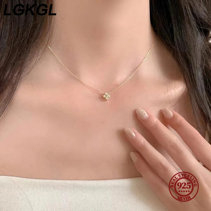 18K Gold-Plated Zircon Necklace – S925 Sterling Silver Four Leaf Clover Pendant for Women