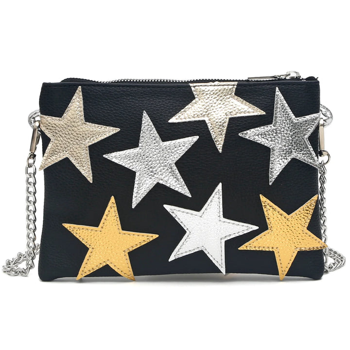 Fashion Women Metallic PU Leather Square Clutch Funky Stars Pattern Colorful Stripes Chain Shoulder Handbag Party Date Prom Gift