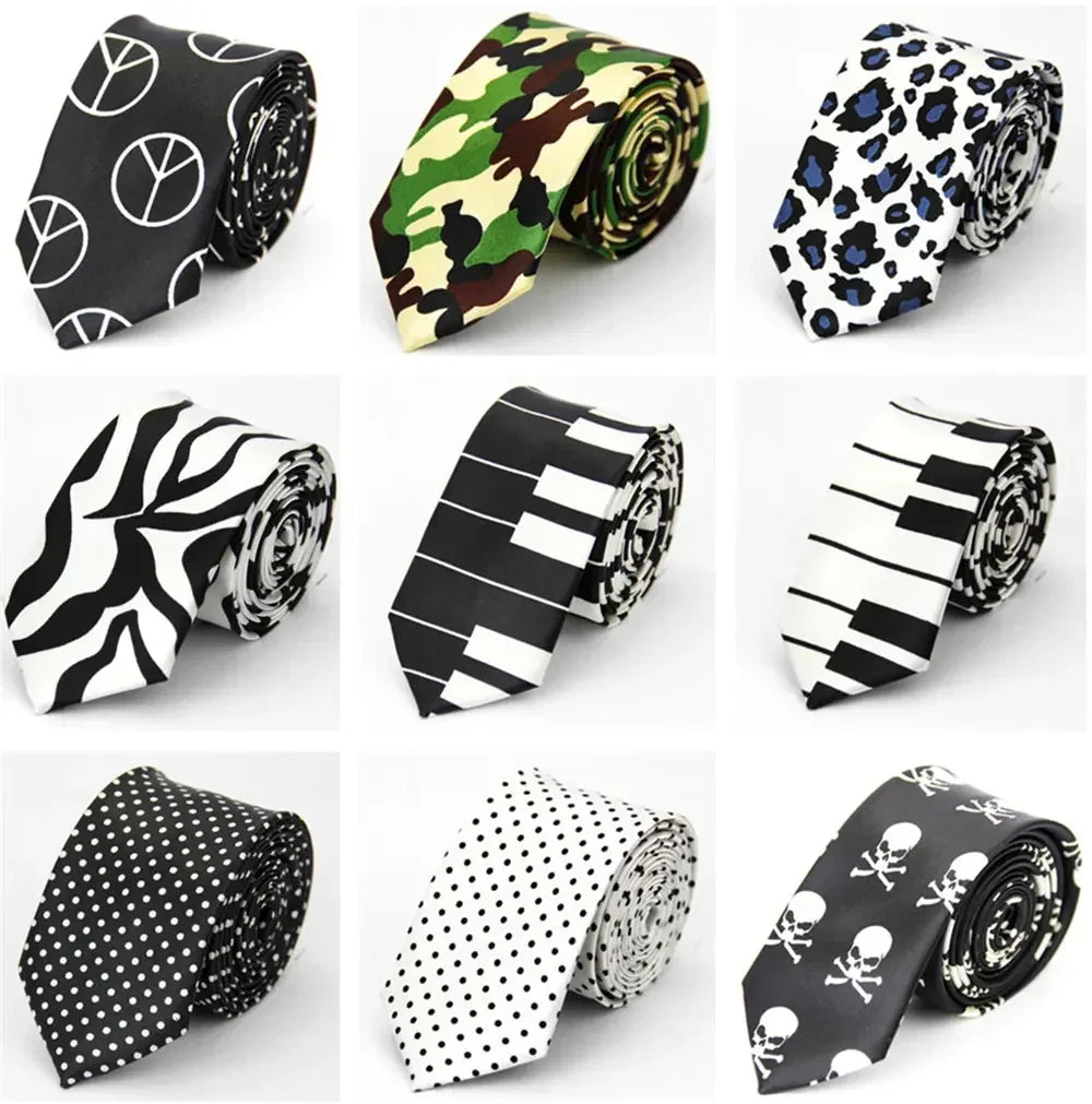 Narrow Tie for Men Women  5cm (2") Skinny Wedding Black Blue Red Pink White Purple Green Gray Piano Skull Print Slim Necktie