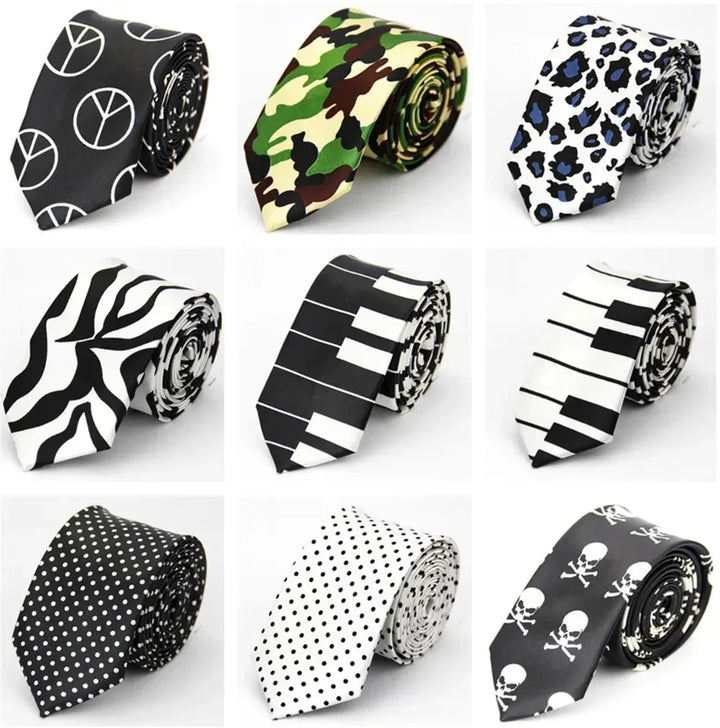 Narrow Tie for Men Women  5cm (2") Skinny Wedding Black Blue Red Pink White Purple Green Gray Piano Skull Print Slim Necktie