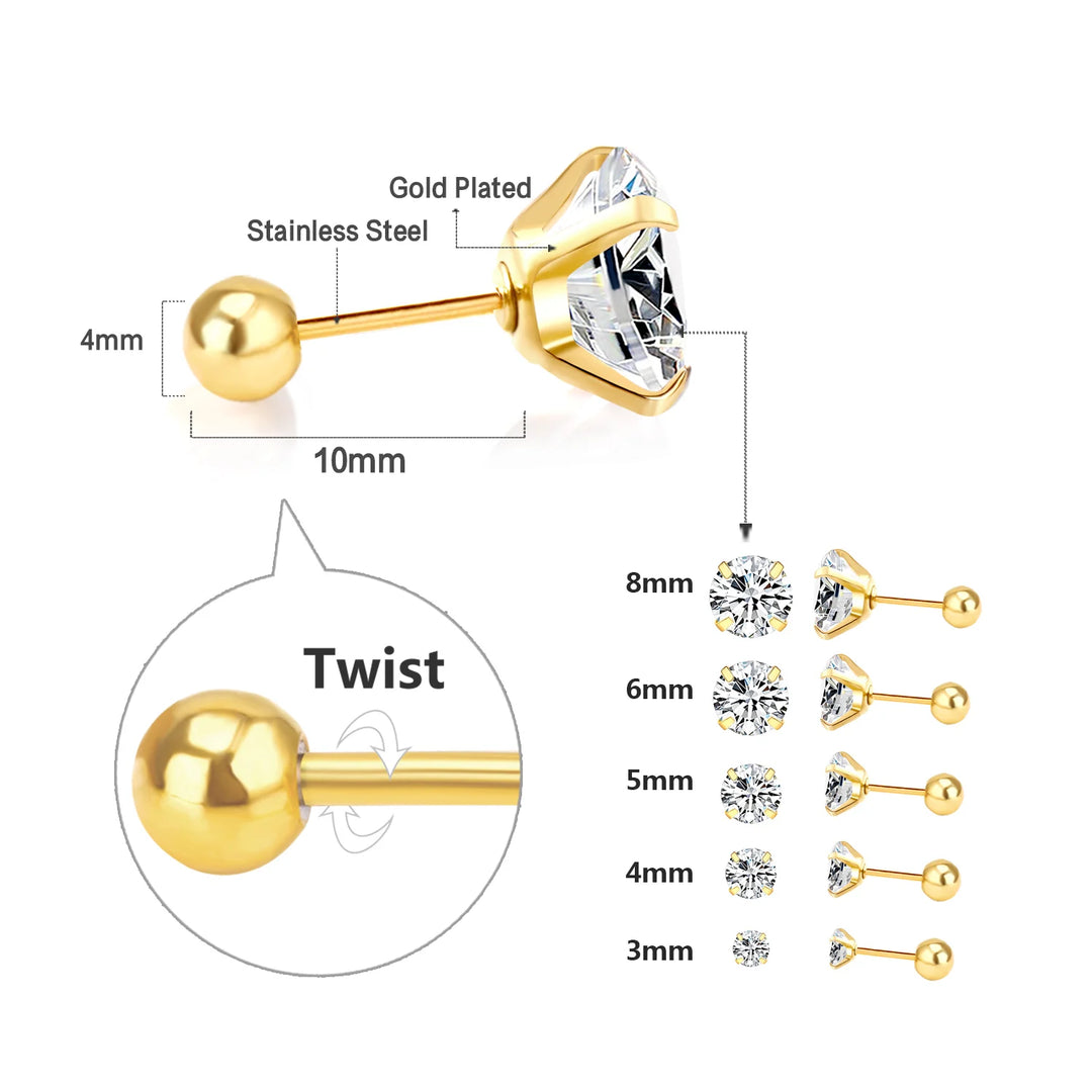 LUXUSTEEL 1 Pairs Shiny Crystal Zircon Stud Earrings For Women Men Round Beads Screw Back Needle CZ Ear Stainless steel 3-8mm
