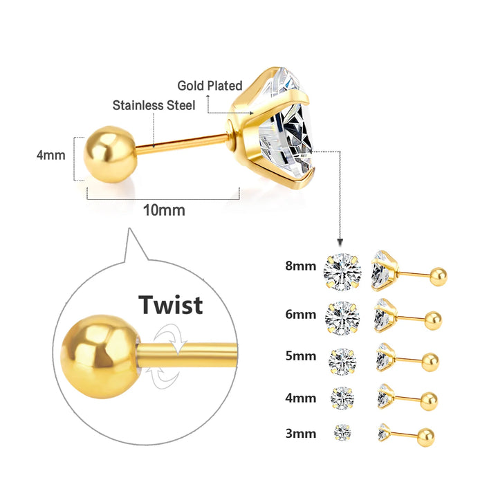 LUXUSTEEL 1 Pairs Shiny Crystal Zircon Stud Earrings For Women Men Round Beads Screw Back Needle CZ Ear Stainless steel 3-8mm