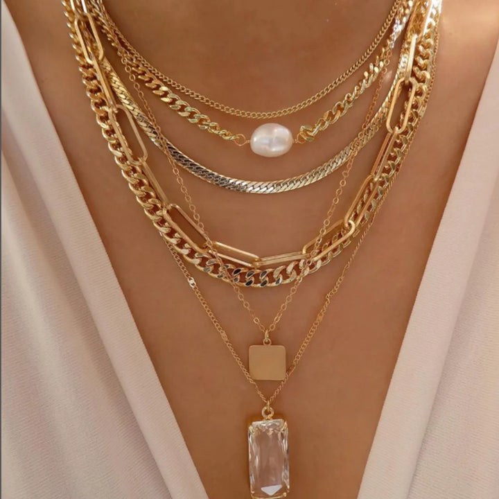 Gold Pendant Necklace Set – Trendy Boho Multi-Layer Crystal Jewelry for Women