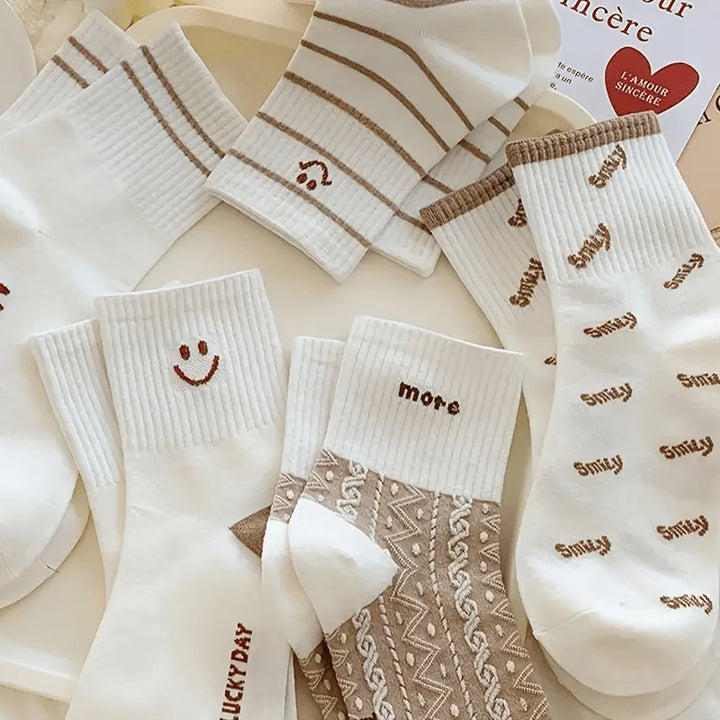 5 Pairs of Vibrant Smiling Face Stripe Patterned Socks - Ultra Soft, Breathable, and Comfortable Mid Calf Sports Socks for Women