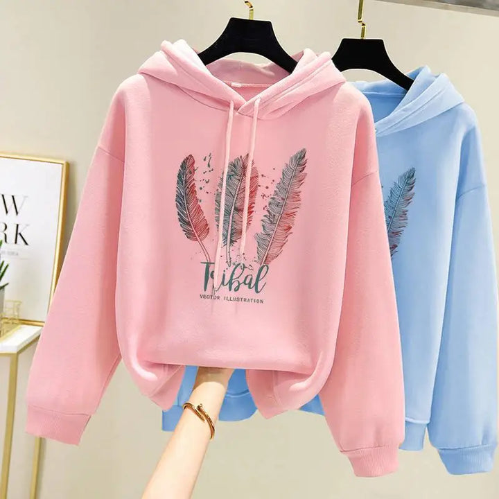 Feather Print Velvet Hoodie for Women