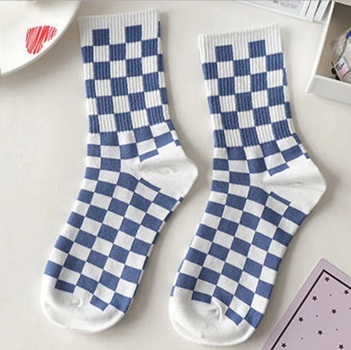 Women's Socks Warm Socks In Autumn and Winter Blue Socks Students High-top Striped Checkered Sports Stockings