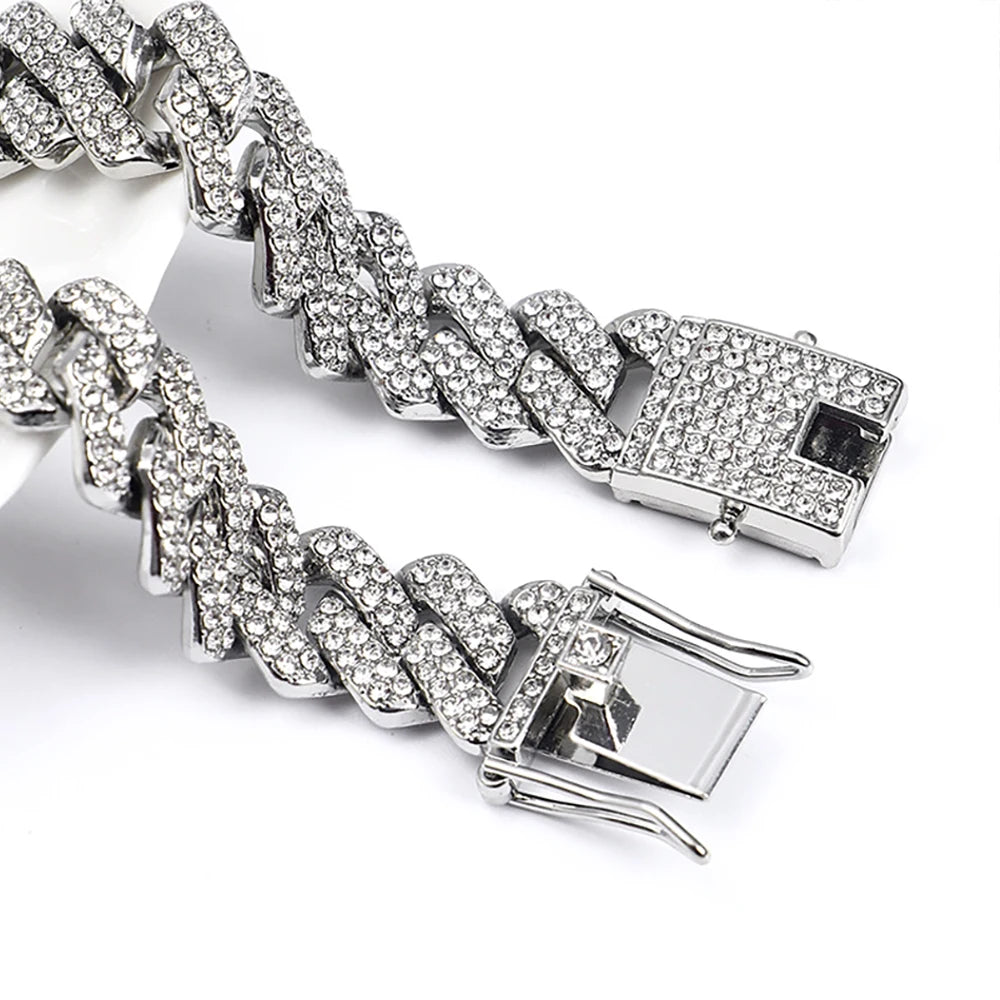 Frosted 15MM Cuban Chain Necklace – Rhinestone Hip Hop Bling