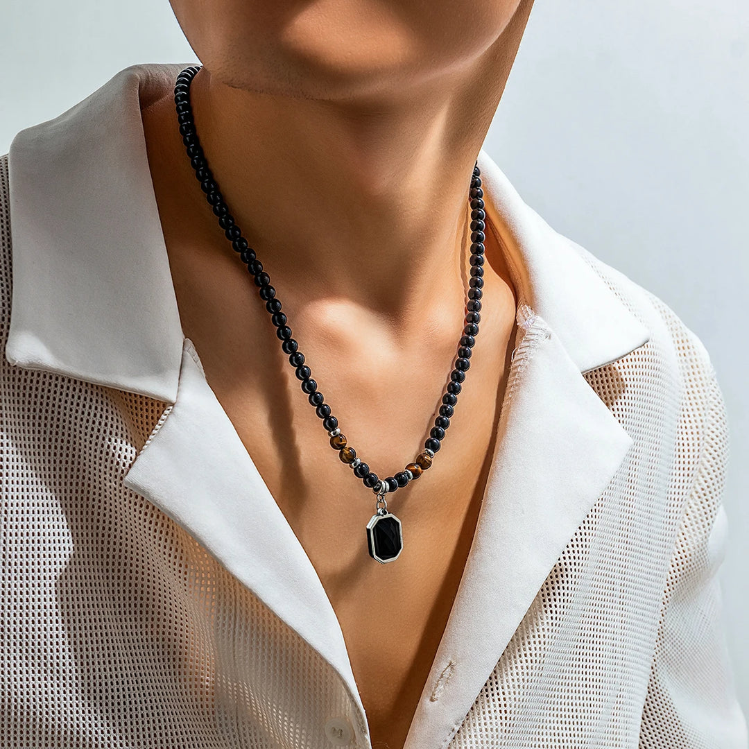Black Tiger Stone Necklace – Stainless Steel Pendant Choker for Casual Men’s Jewelry