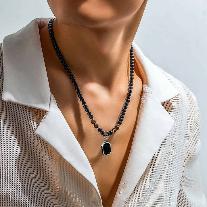 Black Tiger Stone Necklace – Stainless Steel Pendant Choker for Casual Men’s Jewelry