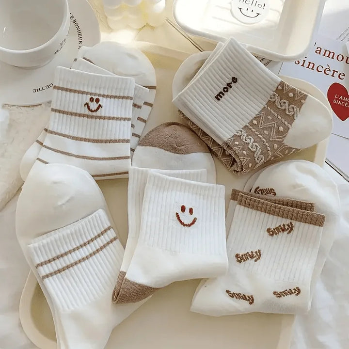 5 Pairs of Vibrant Smiling Face Stripe Patterned Socks - Ultra Soft, Breathable, and Comfortable Mid Calf Sports Socks for Women