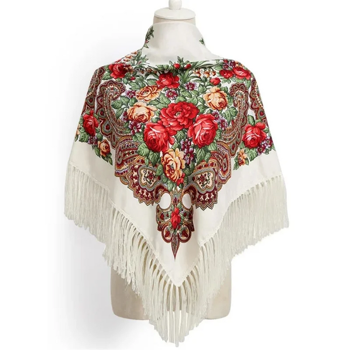 Russian Floral Head Wrap – Fringed Square Travel Shawl for Women